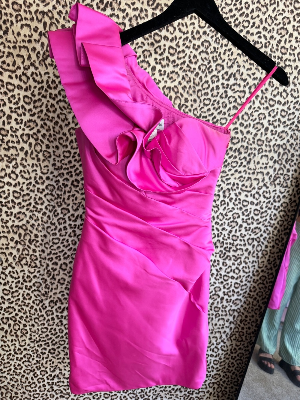 One-Shoulder Ruffle Mini Dress in Hot Pink by
